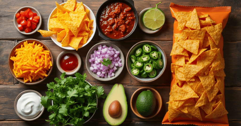 Flat-lay of Fritos Pie ingredients including Fritos chips, a bowl of chili, shredded cheese, diced onions, jalapeños, sour cream, and fresh cilantro on a wooden surface