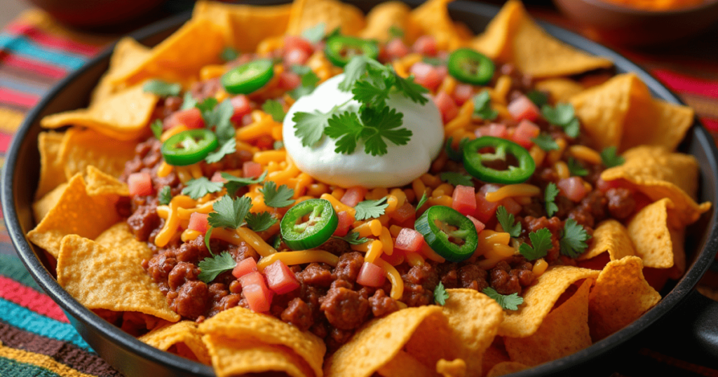 A delicious Fritos Pie served in a casserole dish, topped with melted cheese, sour cream, diced tomatoes, jalapeños, and fresh cilantro, surrounded by small bowls of additional toppings on a rustic table